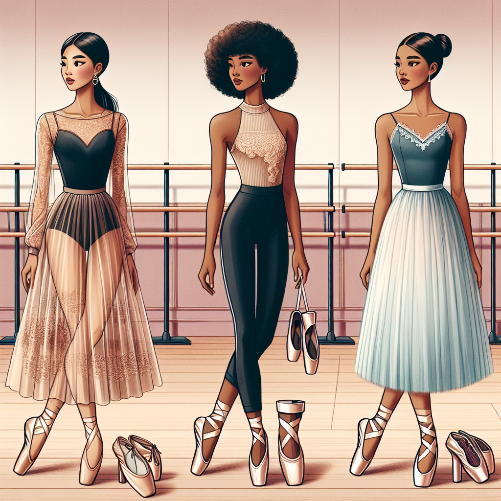 Showcase of a variety of outstanding outfits suitable for pointe shoe fittings. The image should include three individual models of different ethnicities: East Asian, African, and Middle Eastern. The first model is showcasing a chic leotard with sheer cover-up, the second is displaying a classy unitard with a tutu, and the third is dressed in a traditional ballet wrap skirt paired with a fitted tank top. They are all trying on pointe ballet shoes, each in the process of fitting them to their feet. In the background, have a simplistic yet modern ballet studio with wooden floors, ballet barres, and large mirrors.