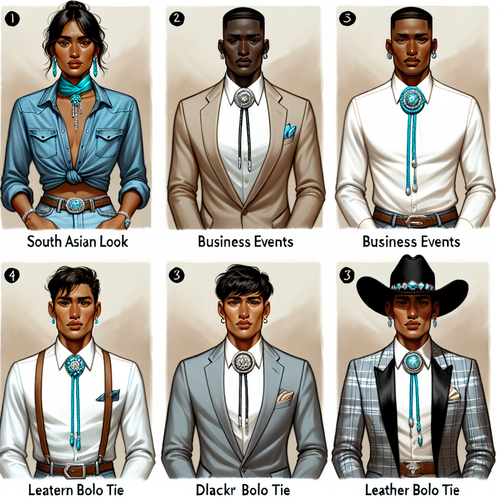 Bolo Tie Style Guide: Must-Have Looks & Tips Visual guide on styling bolo ties. The first look should be a casual one, featuring a South Asian woman in a denim shirt with a turquoise bolo tie. The second look is for business events, portrayed by a Black man in a light grey suit and silver bolo tie. The third look is for formal affairs, depicted by a Middle-Eastern person in a tuxedo and a diamond encrusted bolo tie. Lastly, a unique combination where a Hispanic man blends traditional and modern styles in a plaid shirt and a leather bolo tie. Each person should be standing in front of a plain, neutral background.