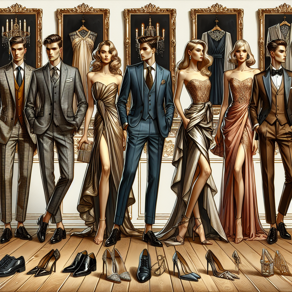 Stunning Outfits for Supper Clubs: Effortless Style A display of stunning outfits for an elegant supper club. Picture to include a variety of fashionable attire for both men and women. For the men, imagine sleek tailored suits, possibly with a South Asian heritage, paired with silk ties and polished shoes. On the other hand, women's outfits include well-draped evening gowns, stemming from a Caucasian designer's vision, paired with stiletto heels and dazzling jewelries. Scene to be set in a classy environment, possibly with high-end vintage furniture in the backdrop. All this should convey an air of effortless style.