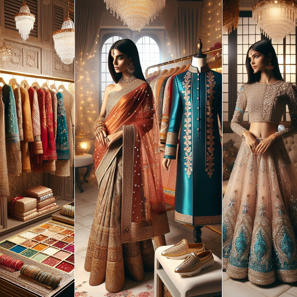 An array of stunning outfits for Diwali celebration. On the left end, visualize a South Asian woman dressed in a golden and red saree, complemented by elegant gold jewelry and traditional makeup. In the center, picture a South Asian man in a vibrant kurta complemented by a pair of elegant mojaris. On the right, imagine a young South Asian girl donning a dazzling lehenga in hues of turquoise and silver. Show an assortment of other unique, traditional Indian clothing pieces hanging in a chic boutique with soft, festival lighting enveloping the scene.