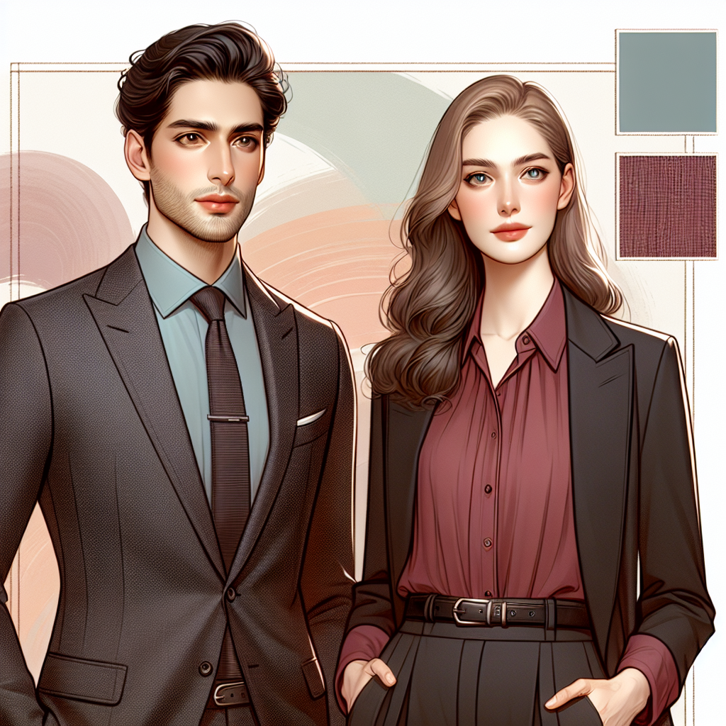 What to Wear for a Stunning Professional Headshot Illustrate a quintessential professional headshot setting but with a twist in the form of wardrobe advice. A Middle-Eastern male and a Caucasian woman stand side by side, dressed impeccably in respective professional attire. The man is wearing a charcoal grey suit with a pastel blue shirt, while the woman is in a burgundy blouse paired with a black blazer. Both their outfits are chic, stylish, outfitted with trendy accessories. Behind them, a soft, warm backdrop, maybe an abstract swirl of colors. A rectangle at the bottom showing a close-up of the blouse's fabric texture and the suit's stitching details.