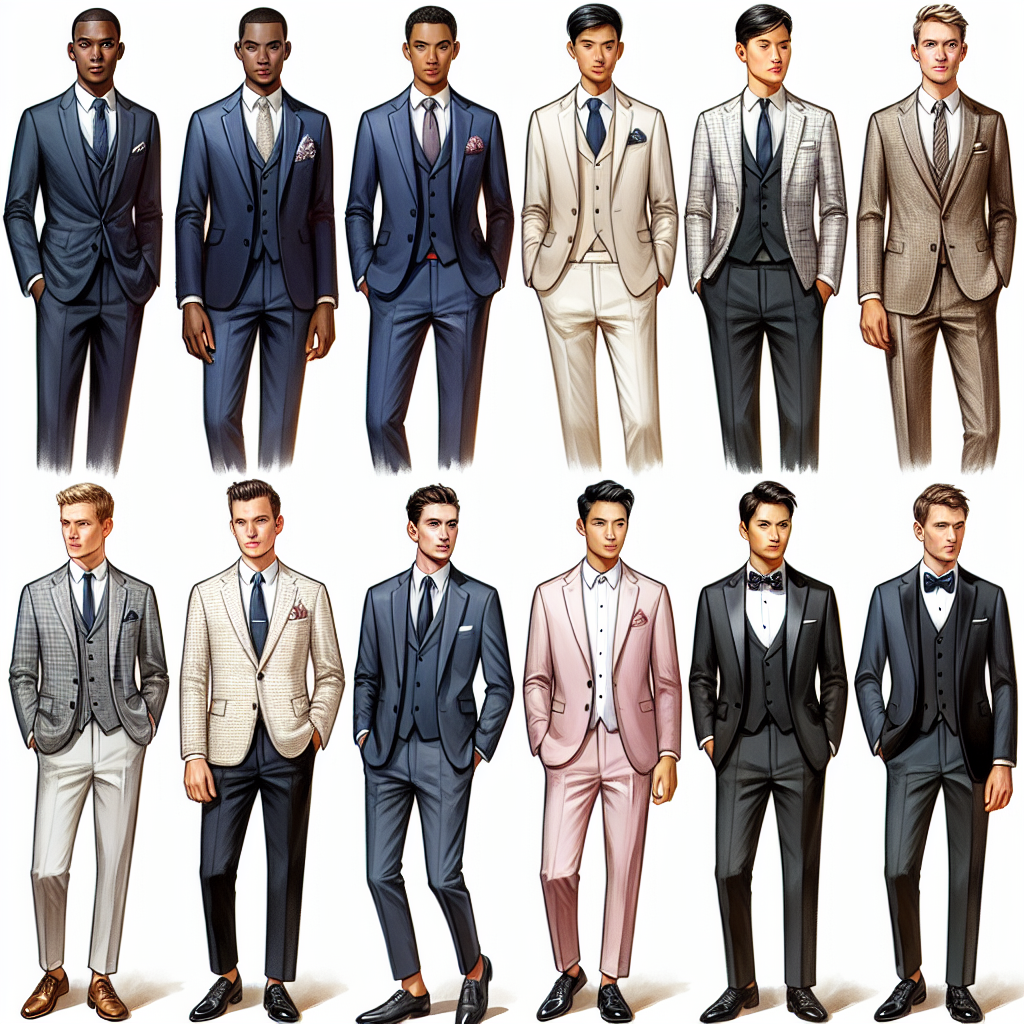 Must-Have Outfits for Men Guests at Weddings An array of assorted, must-have wedding guest attire for men. The first outfit depicts an African American man in a classy, navy blue three-piece suit paired with a toned-down color pocket square. Secondly, a Caucasian man exhibits a semi-formal look, donning a beige blazer with a crisp white shirt, no tie, and black pants. The third outfit is shown on an Asian man wearing a light grey suit with a pastel pink shirt, demonstrating a less formal but still sophisticated attire. Lastly, a Hispanic man is decked out in a traditional black tuxedo with a bow tie, representing the ultimate formal wedding attire. Each outfit expresses different degrees of formality, underlining the importance of the dress code at weddings.