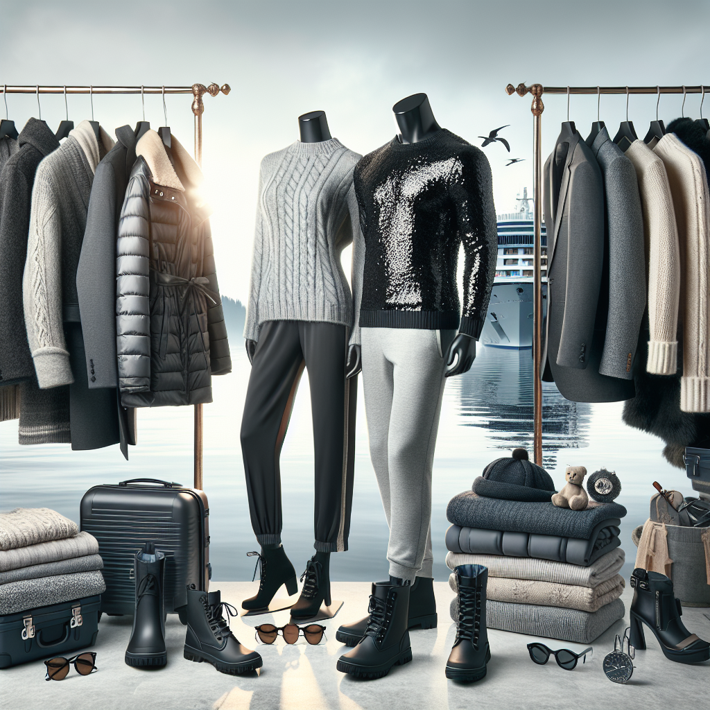 Must-Wear Styles: Best Outfits for a Scandinavian Cruise An array of elegant and casual outfits perfect for a Scandinavian cruise. Include cozy jackets, knit sweaters, waterproof boots, and sunglasses for outdoor activity. Also incorporate some stylish evening wear, showcasing a black sequined dress for women and a gray two-piece suit for men. The outfits are displayed on clothing racks, with two Caucasian female and male mannequins respectively showcasing the dress and the suit. The background is a cool-toned morning Scandinavian landscape, with a clear visual of a cruise ship sailing on calm waters.