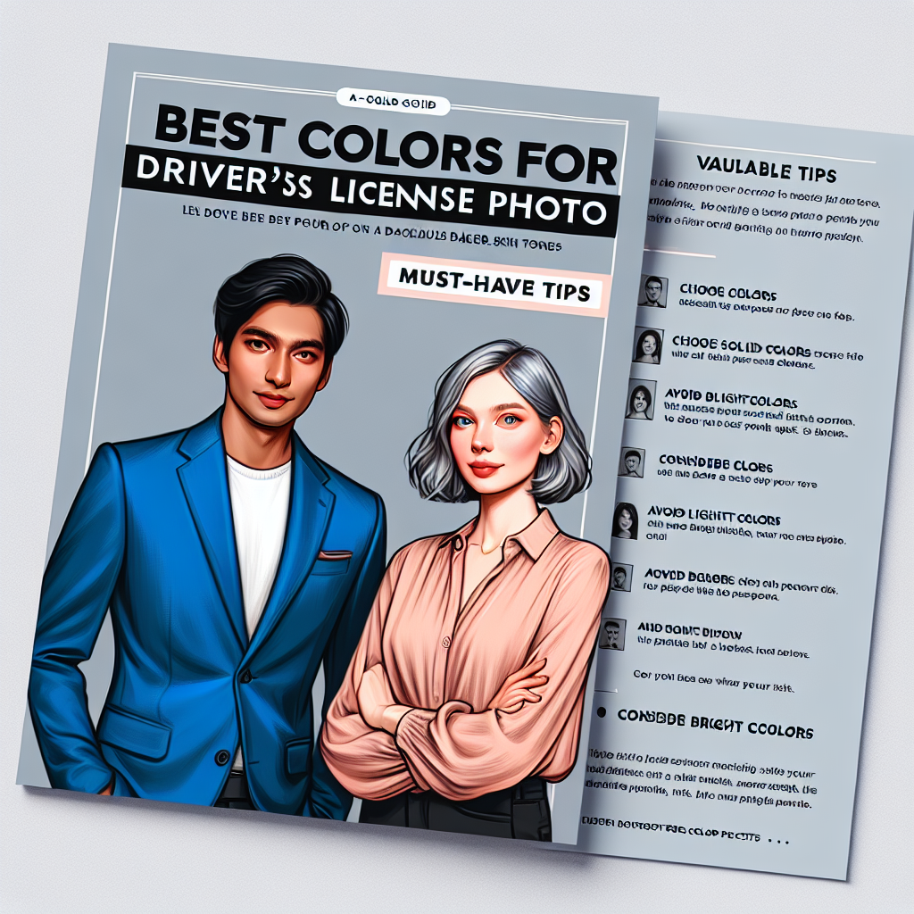 Best Colors for Driver’s License Photos: Must-Have Tips Imagine a detailed guide cover about the best color pallets for a driver's license photo. The cover should feature a South Asian man and a Caucasian woman, both confidently dressed. The man should be in a blue shirt, which is considered a good color for photos. The woman should be wearing a soft pink blouse. Include valuable tips on grey background, such as - choose solid colors, avoid bright colors, and consider wearing lighter shades on darker skin tones. Across the top, there should be a headline that reads, 'Best Colors for Driver's License Photos: Must-Have Tips'.