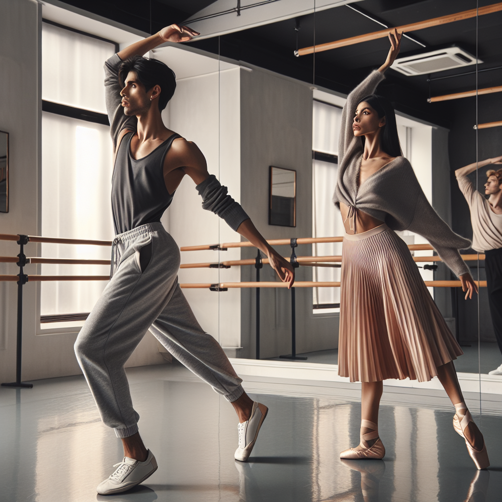 A chic dance class room, filled with light, and reflecting the hardwood flooring. In the middle, there is a South Asian male, clad in slim-fit joggers and a loose tank top, stretching his arms ceiling-wards. He possesses an aura of ease and fluidity. Adjacent, a Hispanic woman in a wrap skirt and fitted leotard is practicing her footwork, displaying grace and poise. Their trendy outfits are in tones of pastel pink and muted grey, capturing the essence of 'effortless' and 'must-have' style. The walls are lined with ballet bars and ambient mirrors, bringing out the elegant aesthetics of the space.