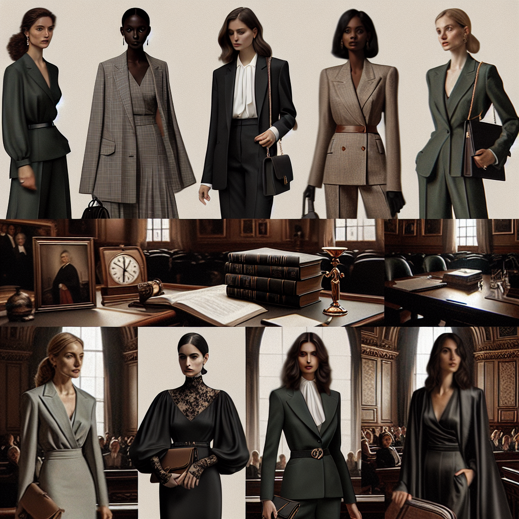 Courtroom Chic: Effortless Styles for Female Defendants An image showcasing a collection of sartorial choices suited for a mix of women of different descents such as Caucasian, Black, Hispanic, and Middle-Eastern appearing in court. The women are stylishly dressed in professional attire that communicates respect for the formality of the courtroom environment. Lavish but tasteful, these looks range from dark-colored suits to minimalist dresses paired with simple accessories. The image should convey an air of effortless elegance amidst the backdrop of a courtroom setting, with subtle hints of imposing architecture, vintage wooden desks, and deep-green accents typical of classic courtroom settings. Please remember to maintain the respectful tone suitable for this format.