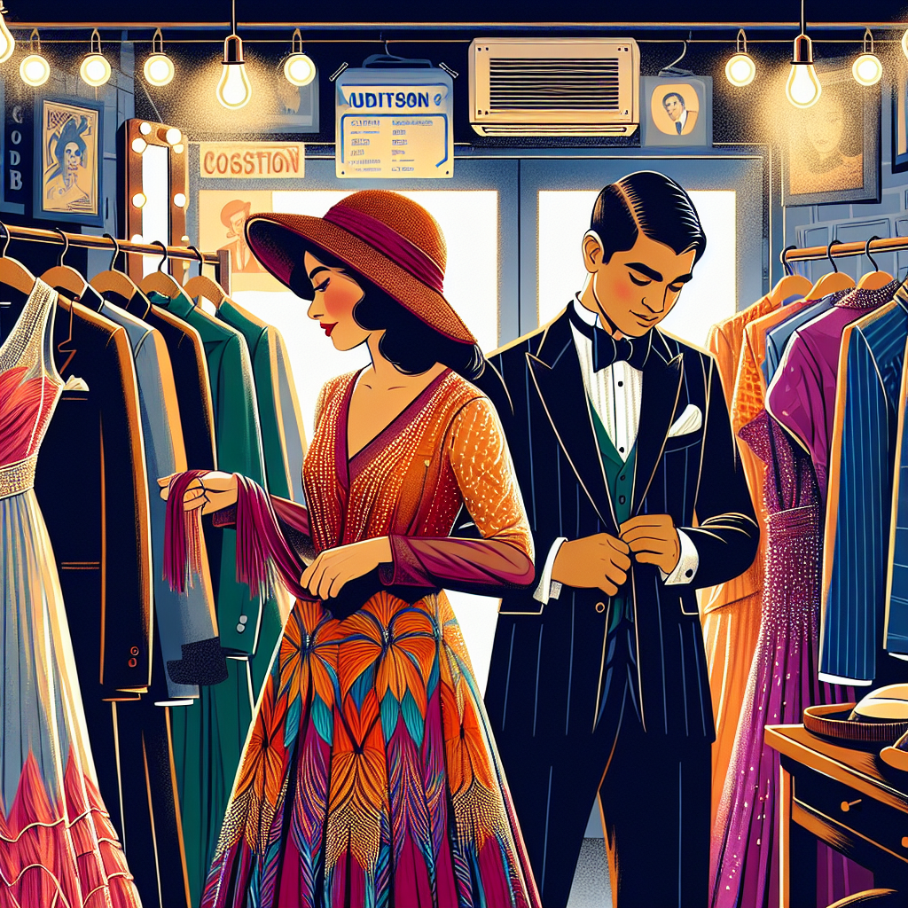 Must-Have Looks for Your Next Musical Theatre Audition Illustration of a backstage scene at a theatre audition. Two individuals are preparing for their auditions, focused on their wardrobe. The first person is a South Asian woman in her mid-20s, adjusting her vibrant, vintage-inspired dress with a wide brim hat. The other is a Hispanic man in his early 30s, trying on a sharp, classic tuxedo and adjusting his cufflinks. They are surrounded by an assortment of must-have looks for a musical theatre audition - flamboyant costumes, slick suits, and chic dresses. The atmosphere is electric with anticipation and excitement.