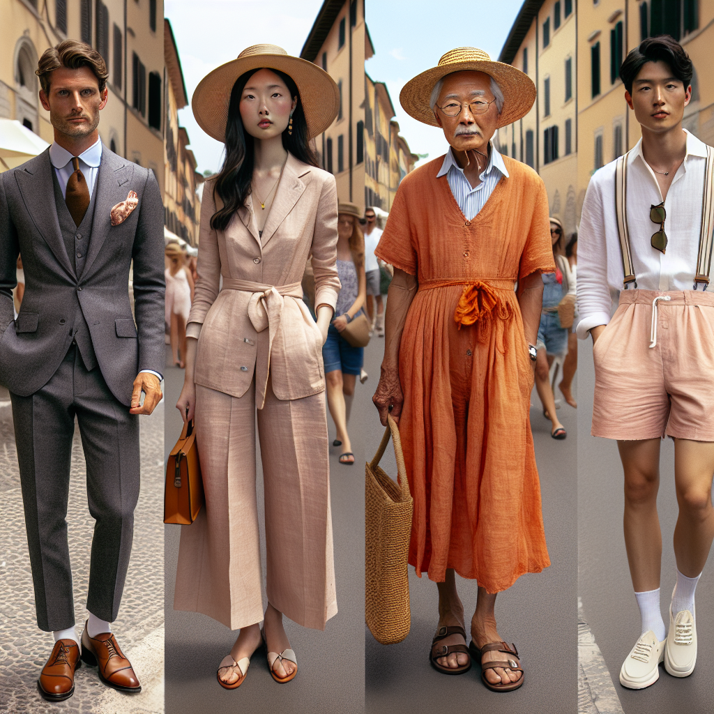 Dress Like a Local: Stunning Styles for Italy Trips Imagine a bustling Italian street scene filled with locals donned in their fashion-forward ensembles. Visualize a Caucasian male in a well-fitted charcoal grey suit with brown Oxford shoes showcasing effortless sophistication. Next to him, picture an elderly Asian woman, displaying timeless grace in a burnt orange linen dress accessorized with a chic straw hat. Glimpse a young Middle-Eastern woman confidently striding in a pastel pink sundress paired with white sandals whereas a young Hispanic male sports a relaxed blend of crisp white shirt tucked into khaki shorts and tan loafers. Witness a diverse sartorial blend reflective of authentic Italian style.