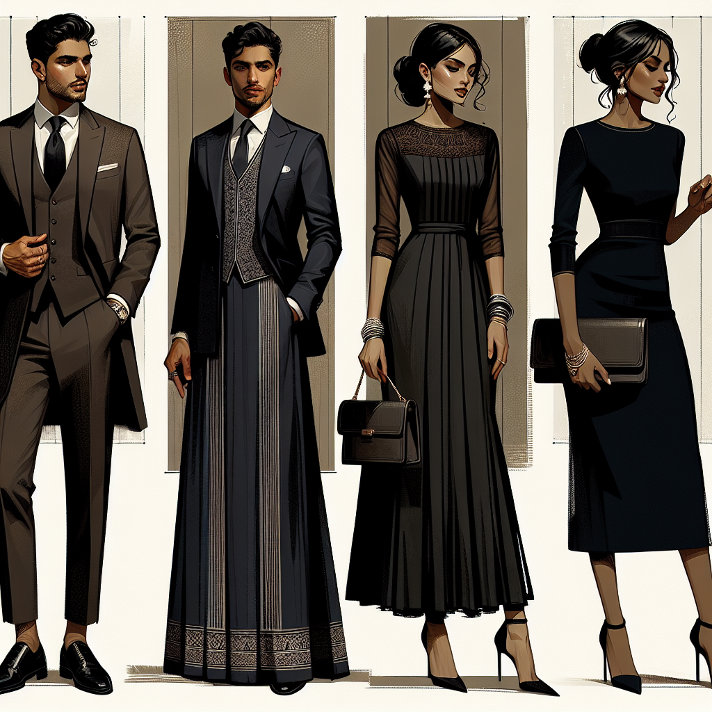 Visualize a concept for a fashion editorial featuring elegant outfits suitable for memorial services. In the first scenario, we see a South Asian man dressed in a dignified traditional outfit with a well-cut dark suit paired with a crisp white shirt. In the next image, there is a sophisticated Hispanic woman elegantly dressed in a sleek black dress paired with some discreet jewelry. The final graphic includes a Black woman who exemplifies effortless elegance in a dark, sophisticated midi-dress paired with a classy clutch bag. All these outfits represent respect and reverence fitting for a memorial occasion.