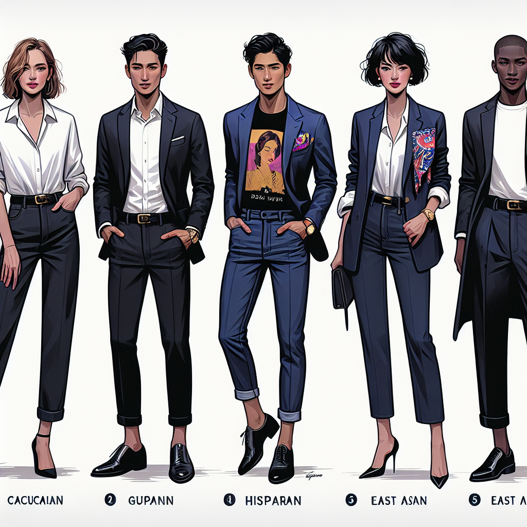 Navy Blazer Style Guide: Best Must-Have Looks Visualize an informative image guide to navy blazer styles. The image should showcase five different looks, designed for people of varying descents and genders. The first look is a Caucasian woman pairing the blazer with a white blouse and slim-fit jeans. The second translates the style to a Hispanic man with a navy blazer over a casual graphic tee and dark trousers. For the third, depict a Middle-Eastern woman sporting the blazer with a sleek black midi dress. The fourth represents an East Asian man complementing the blazer with a vibrant pocket square and tailored suit pants. Lastly, depict a black woman rocking the navy blazer with high-waist shorts and a striped top.
