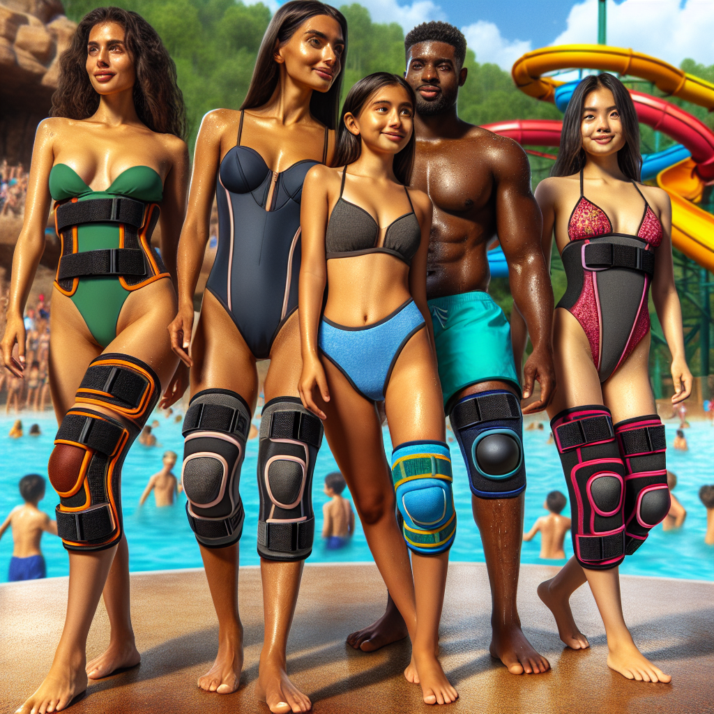 Create a detailed and colorful image of a diverse group of people enjoying a sunny day at a water park. The group consists of four individuals: a Middle-Eastern woman with a slender build, a Black man who is broad-shouldered and tall, a Hispanic boy, and a South Asian girl, all wearing appropriate swimwear. The focus should be on their knee supports which are styled in vibrant colors and look sturdy yet comfortable. Each knee support highlights a specific feature: breathable material, adjustable straps, excellent cushioning, and water-resistant material. Make sure the joyous ambiance of the water park - the slides, pool, and the general crowd - is also captured in the background.