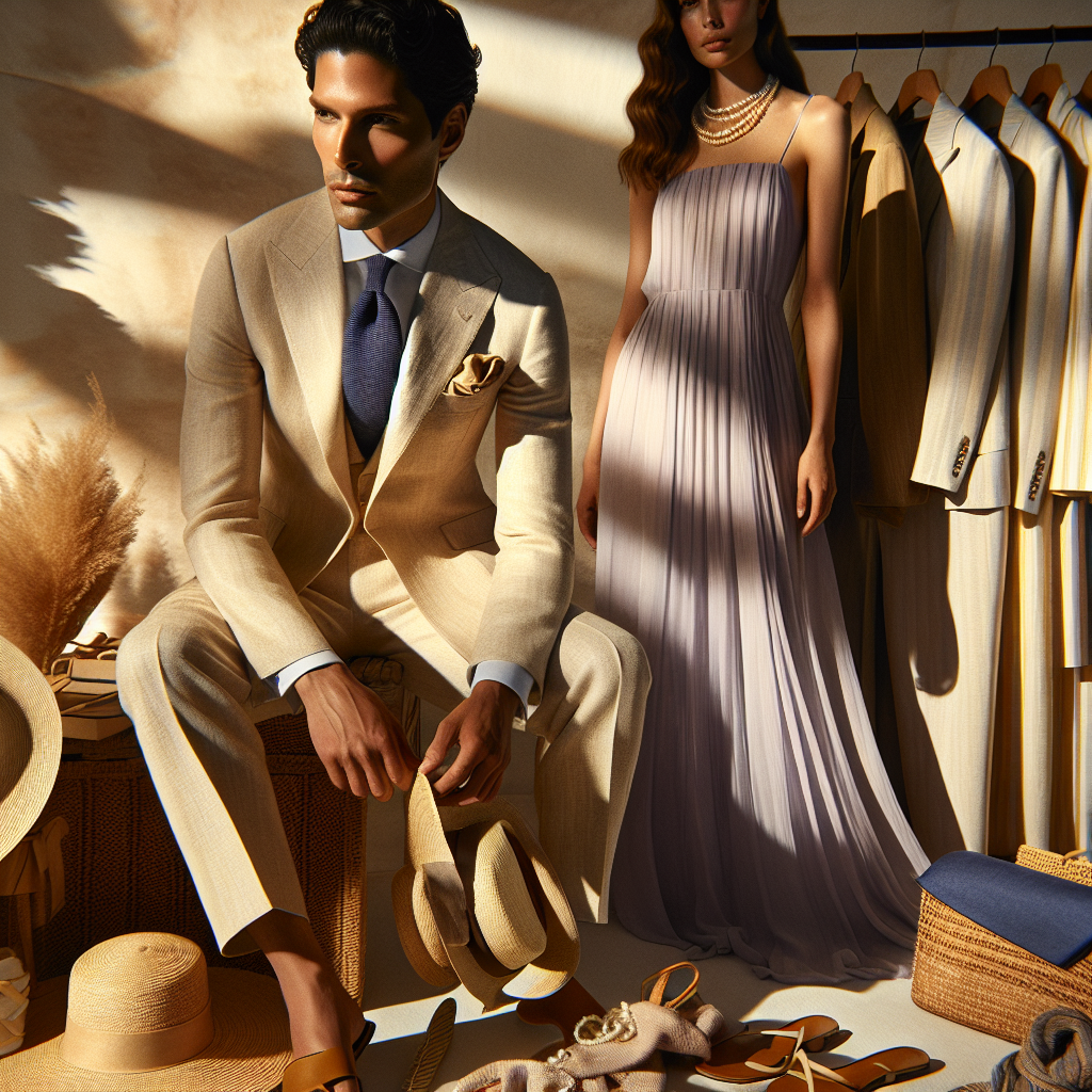 An assortment of sophisticated summer wake attire that embodies effortless elegance. In the foreground, a South-Asian man in a bright beige linen suit paired with a lightweight navy blue silk tie. Next to him, a Hispanic woman wears a flowing lavender silk chiffon maxi dress. In the background, a selection of tastefully arranged accessories like straw hats, dainty pearl necklaces, and leather sandals. The scene is set amidst a serene ocean backdrop with warm, golden sunlight casting long shadows, illuminating the clothing, and bringing a distinct summer feel to the scenery.