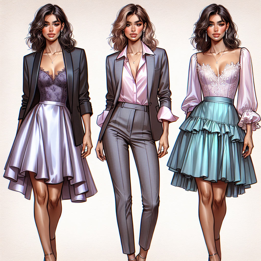 Stunning Outfits Under Black Blazers for Weddings Create an image showcasing three distinct, elegant outfits ideally to be worn under a black blazer for attending weddings. The first outfit should be modelled by a Hispanic woman and consist of a lilac satin dress with some lace detailing. The second outfit, worn by a Caucasian man, should include grey fitted trousers paired with a pastel pink shirt. The third outfit should be sported by a South Asian woman and include a turquoise-blue knee-length skirt with a white ruffle blouse. All models should be posed together, and the black blazers should complement each outfit effectively.