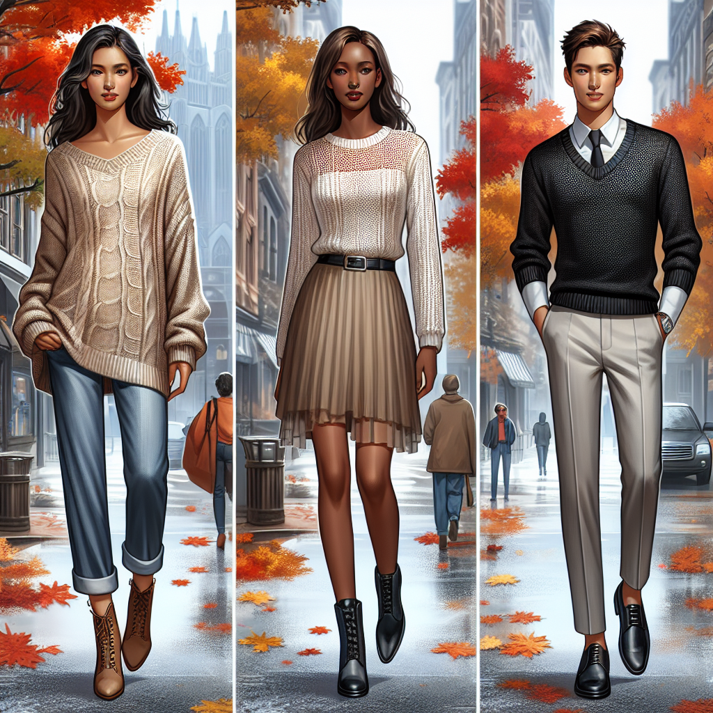 Must-Have Styles for Sheer Knit Sweaters Scenario showcasing three distinct styles for sheer knit sweaters. The first style should depict a South Asian woman wearing a loose fitting sheer knit sweater paired with jeans and heels. The second style should consist of a black woman showing off a tucked in sheer knit sweater with a skirt and boots. The final style should display a white man in a dashing, fitted sheer knit sweater with slacks and loafers. The setting must be a busy city street during autumn, filled with bright fall colors.