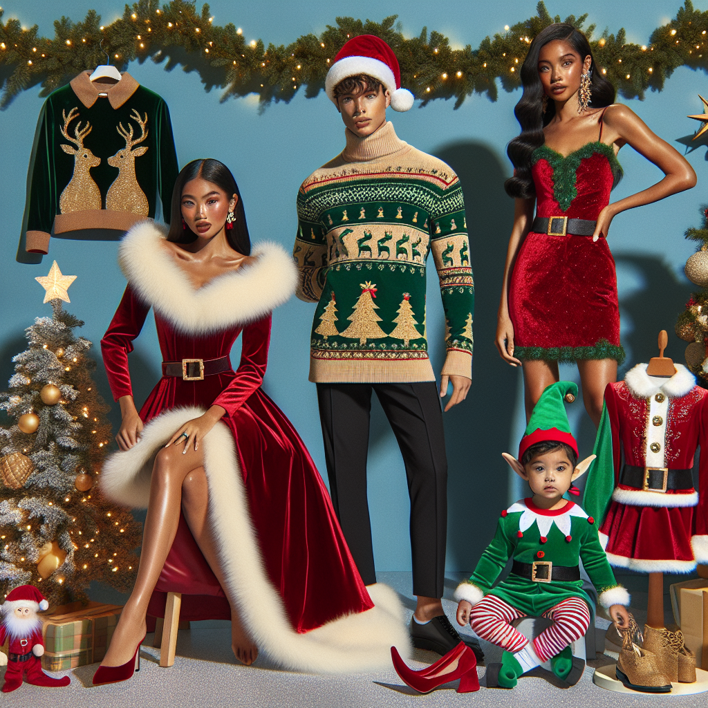 Stunning Outfits for Christmas: Find Your Perfect Match! Create a vibrant scene displaying a collection of stunning Christmas outfits. The clothing is a balance of elegance and festive cheer. See a female South Asian model wearing a red velvet dress accented with a white faux fur collar, a male Black model showcasing a green turtleneck sweater incorporated with a pattern of golden reindeers, and a Hispanic child dressed in a cute elf costume with pointy shoes. Around them, a tastefully decorated Christmas tree with twinkling lights sets the mood. The scene embodies the joy and warmth of the holiday season.