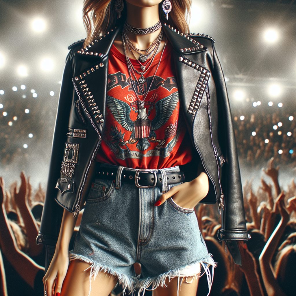 What to Wear to a Halsey Concert: Stunning Picks! Imagine attending a lively music concert. In this energetic atmosphere, the focus is on what attire to wear. Picture a young woman dressed in a chic black leather jacket, adorned with metal studs. She pairs this with a bright red band t-shirt and ripped denim shorts. To complete the look, she wears knee-high lace-up boots and accessorizes with layers of silver pendant necklaces. This ensemble epitomizes the spirit of music concerts and makes for a fitting attire for any avid concert-goer.