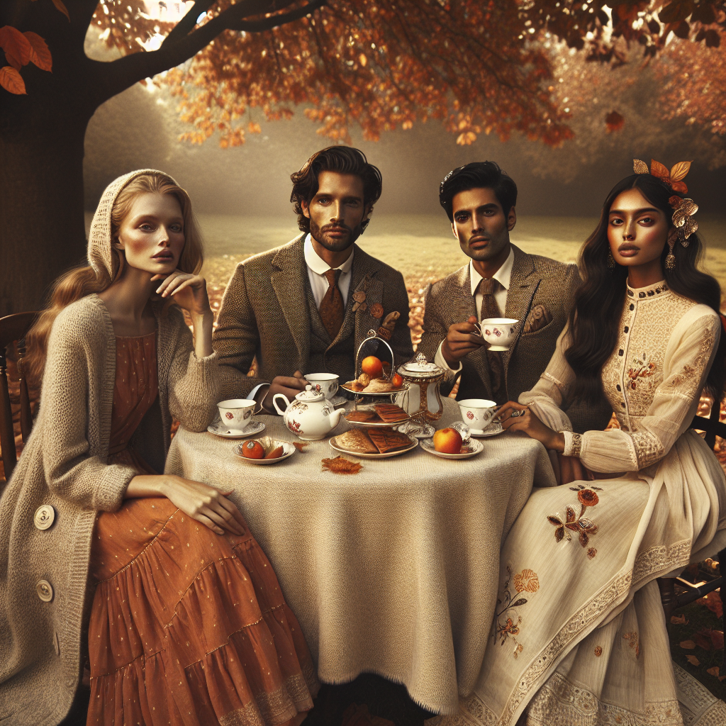 Stunning Fall Tea Party Outfits: Effortless Style Envision a beautiful autumn-themed tea party scene. Picturize three individuals - a Caucasian woman wearing a pumpkin-colored sundress combined with a cozy woolen cardigan, a Middle-Eastern man in a classy tweed blazer accessoried with a vintage pocket-watch, and a South Asian woman donning an elegant cream-colored salwar suit adorned with delicate fall-inspired embroidery. Surround them with accents of oranges, reds, and yellows representative of the fall season, with a round wooden table elegantly set with teacups, a teapot, and fall-themed treats. Seated under a tree shedding its leaves, they enjoy the crisp autumn air, enhancing the feel of effortless style.