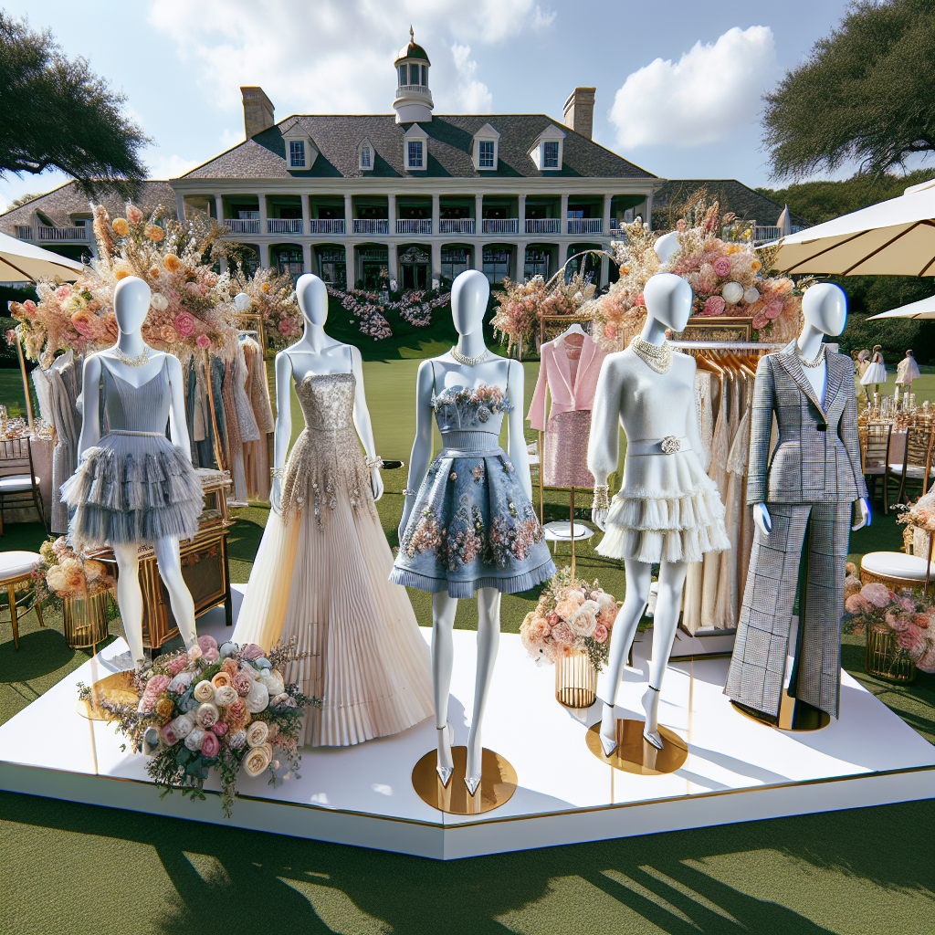 Stunning Outfits for Country Club Bridal Showers A picturesque outdoor setup at an upscale country club hosting a bridal shower. In the foreground, there are three mannequins showcasing stunning outfits ideal for such an occasion. One is wearing a classy cocktail dress, while another is draped in an elegant day wear suit and the third, in a chic casual sundress. Each outfit is extravagantly accessorized, with hints of pearl and floral accents. The scene is complemented with elaborate decoration, featuring lots of florals and pastel hues. The background boasts a manicured garden and a grand colonial-style clubhouse. A clear sunny day with a vibrant blue sky overhead.