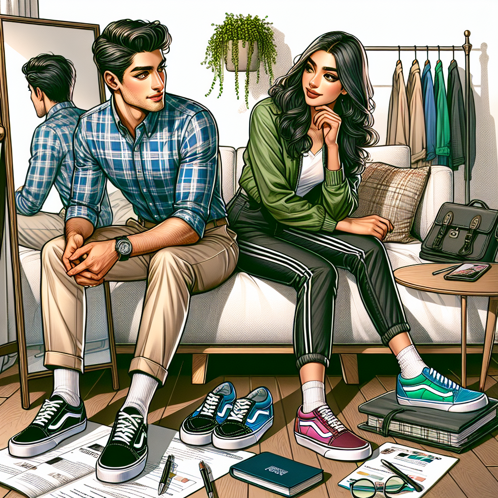 What to Wear to a Vans Interview: Exclusive Tips Create an illustrative image comprising of a fashionable scenario showing a man and a woman preparing for a casual job interview. The man is of Hispanic descent, dressed in a well-fitted blue plaid shirt with khaki trousers, and sporting clean Vans sneakers. The woman is of Middle-Eastern descent, showcasing her unique style with a trendy green jacket, black jeans, and vibrant Vans slip-ons. They both glance at the mirror, reflecting contentment and anticipation. A table near them lays scattered with trendy job interview essentials- a notepad, pen, resume and a motivational book.