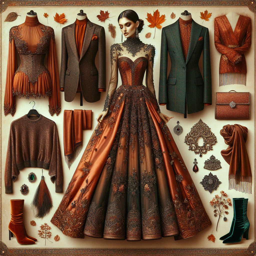 Envision a sartorial showcase of stunning outfits ideal for formal bridal events that occur in November. Dip into the canvas with deep autumnal hues, like burnt orange silk, emerald green velvet, and rich burgundy lace. Imagine a wide collection including an elegant long-sleeved gown adorned with intricate silver accents, a stylish tweed suit perfectly fitted to a black gentleman and a chic ethnic saree draped on a South Asian woman. Also highlight accessories - velvety shawls, elegant leather boots, and delicate jewelry, encapsulating the essence of late autumn elegance.