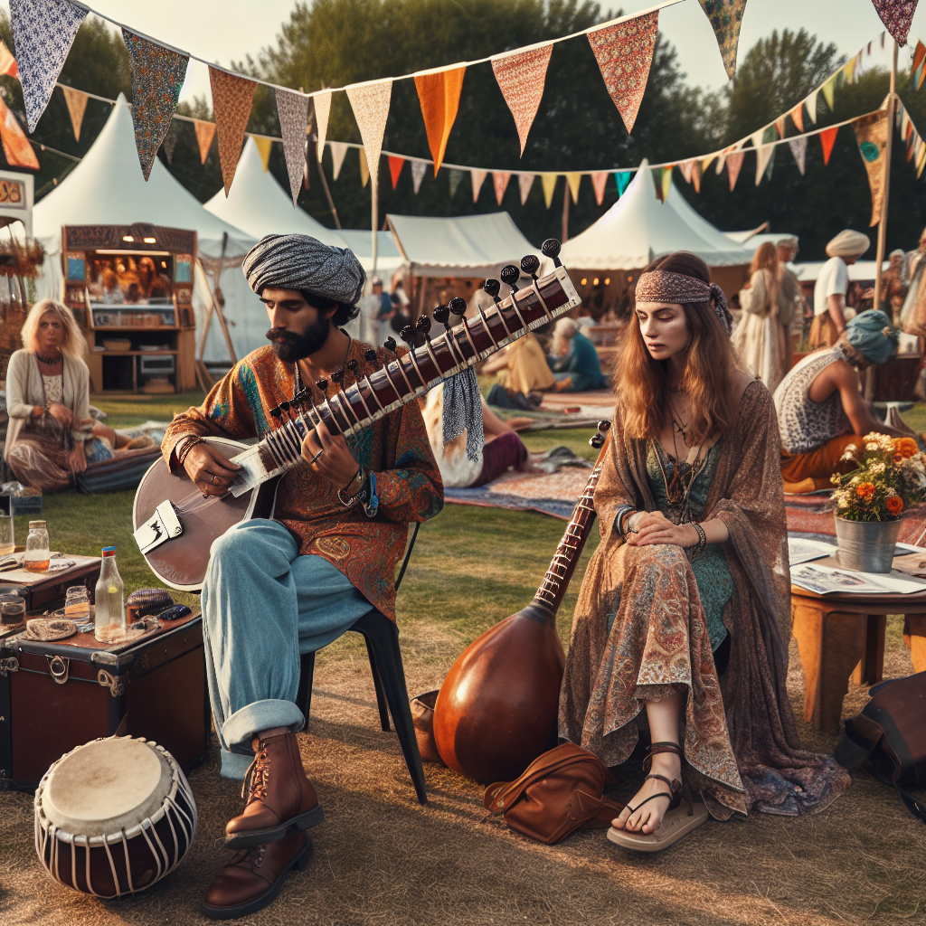 What to Wear to a Folk Festival: Stunning Guide A South Asian man clad in a colorful paisley shirt, blue jeans, and leather sandals, strumming a sitar under a canopy of bright pennant flags. Nearby, a Caucasian woman is wearing a flowing, bohemian-style dress with an earthy color palette, a patterned bandana, and beads in her hair. A Middle Eastern man in a cool, lightweight tunic and a Reshmi roomal cap plays a darbuka. They are surrounded by food stalls, craft booths, and festival-goers of all ages enjoying the music. Picture the setting as an outdoor park with lush greenery and the sun setting in the background.
