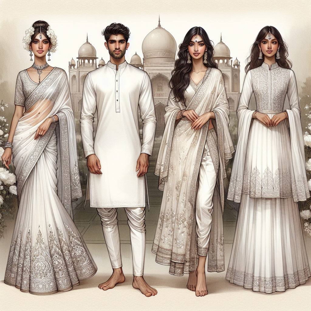 Stunning Outfits for Hindu Funerals: Effortless Elegance A detailed illustration presenting a set of stunning, elegant outfits designed for Hindu funerals. On the left, a South Asian woman is depicted, draped in an exquisitely embroidered white saree with a delicate silver border, her hair tied in a bun adorned with white flowers. In the center, a Middle Eastern man is portrayed in a crisp white dhoti kurta set, accessorized with a beautiful beige shawl draped casually over his shoulder. On the right, a Hispanic woman is seen, elegantly dressed in a simple yet classy white Anarkali suit, her hair softly styled in loose waves. The background subtly showcases a serene spiritual setting evoking a sense of tranquility and peace.