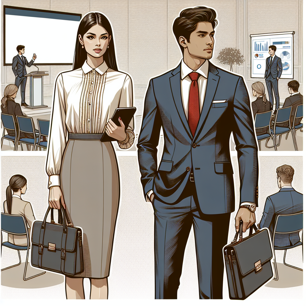 What to Wear to a Business Seminar: Exclusive Tips A business formal scene displaying a range of seminar appropriate clothing. On one side, please portray a South Asian man in a well-fitted navy blue suit, white shirt, and red tie, holding a laptop bag. Next to him, illustrate a Hispanic woman wearing a conservative, cream-colored business dress paired with a fitted blazer and high-heeled shoes, holding a smartphone. In the background, show a conference room setting with projector, chairs, and a podium. The color palette should be neutral and professional.