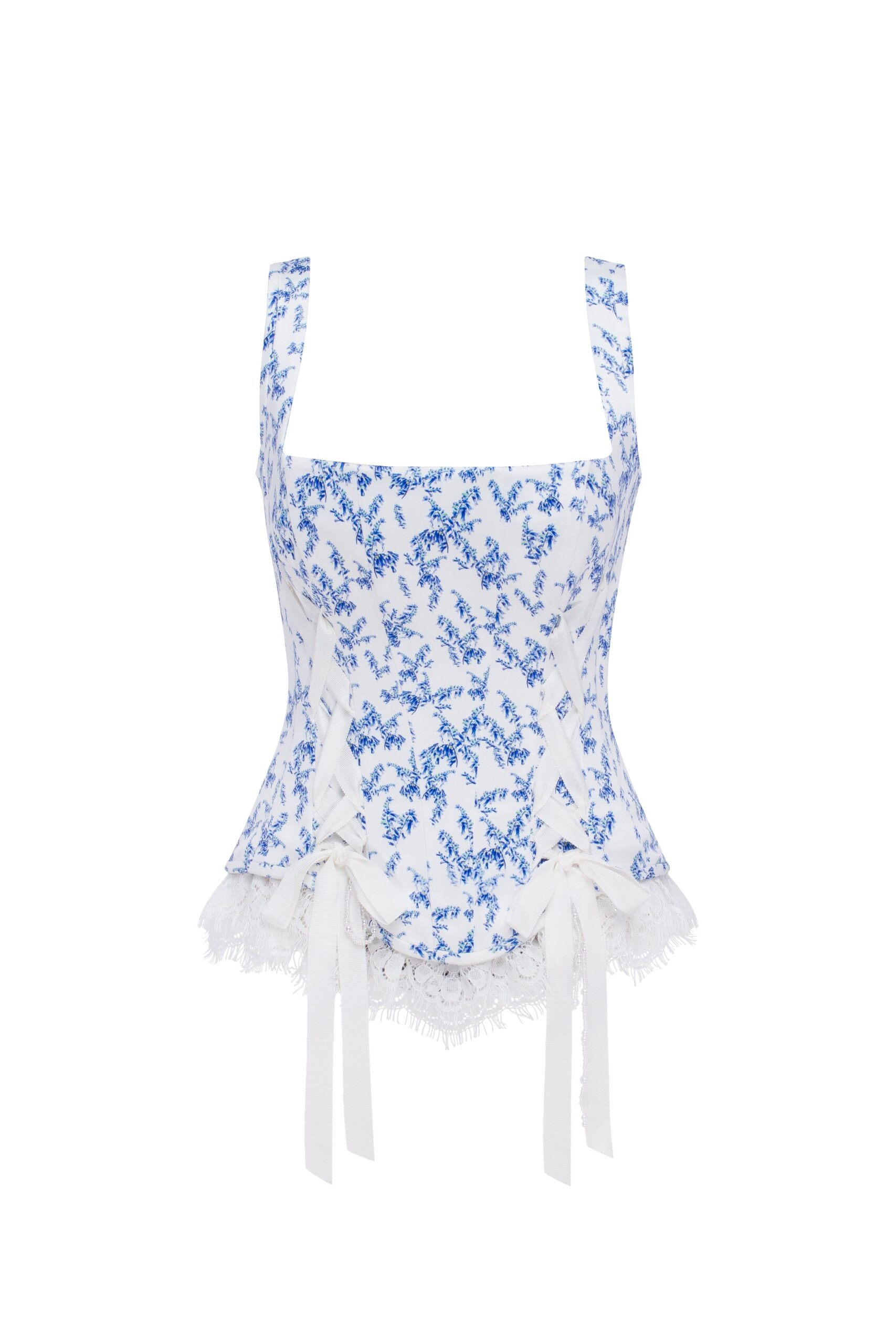 Milla Blue lavender corset on straps with bows and ribbon lacing | Ready to Wear 2025 Collection Luxury Shoes Elevate your elegance in this Milla Tops from the 2025 resort wear edit