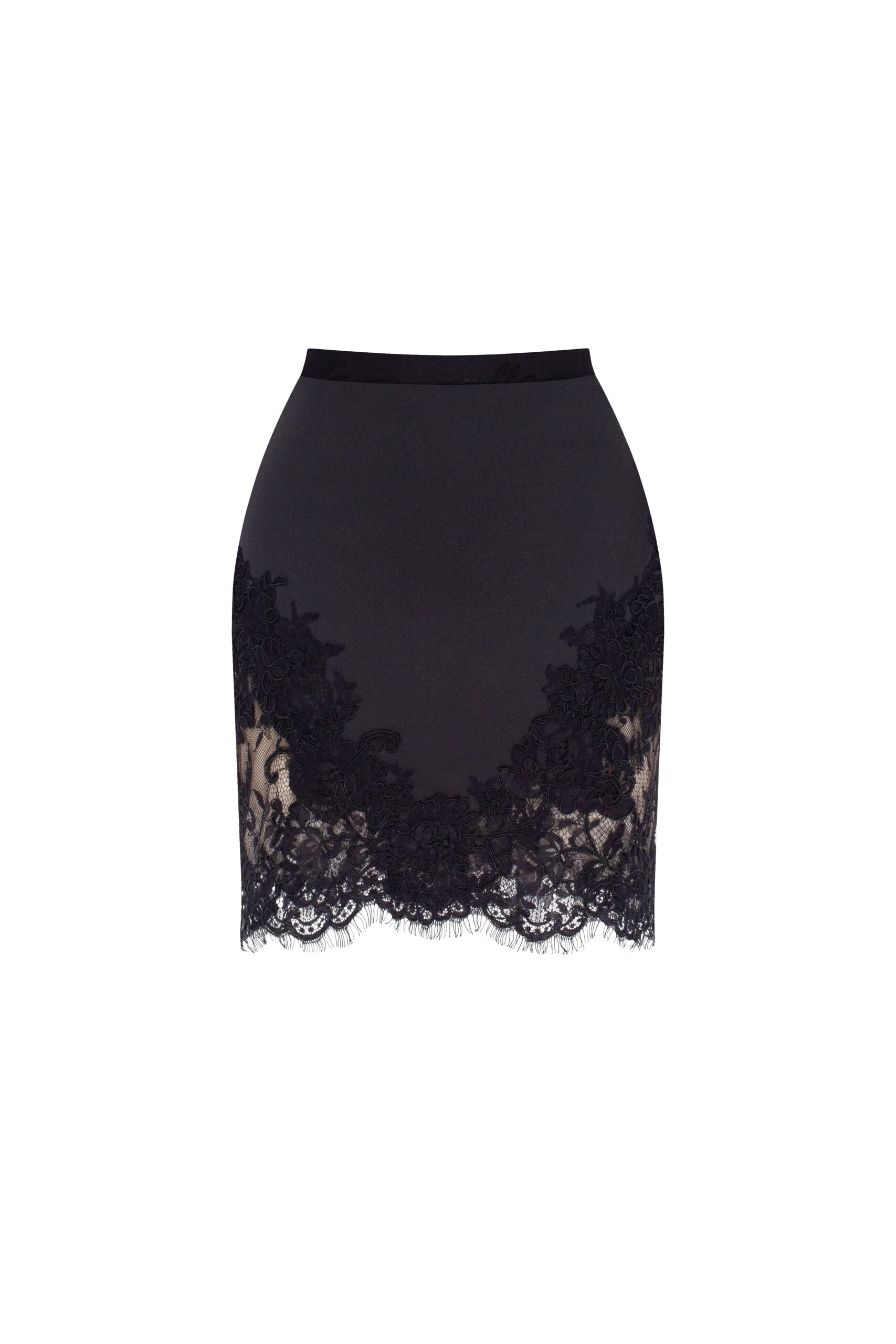 Milla Fitted obsidian mini skirt adorned with lace Elevate your elegance in this Milla Skirts from the 2025 resort wear edit