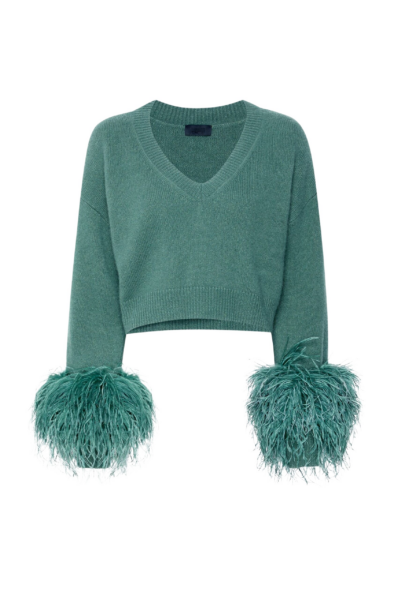 Lapointe Cashmere Cropped V Neck Sweater With Feathers