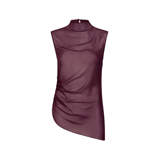 Lapointe Lightweight Georgette Mock Neck Ruched Top