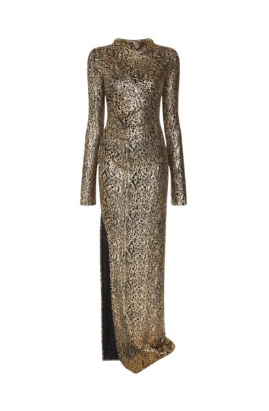 Lapointe Metallic Snake Jersey Long Sleeve Ruched Gown