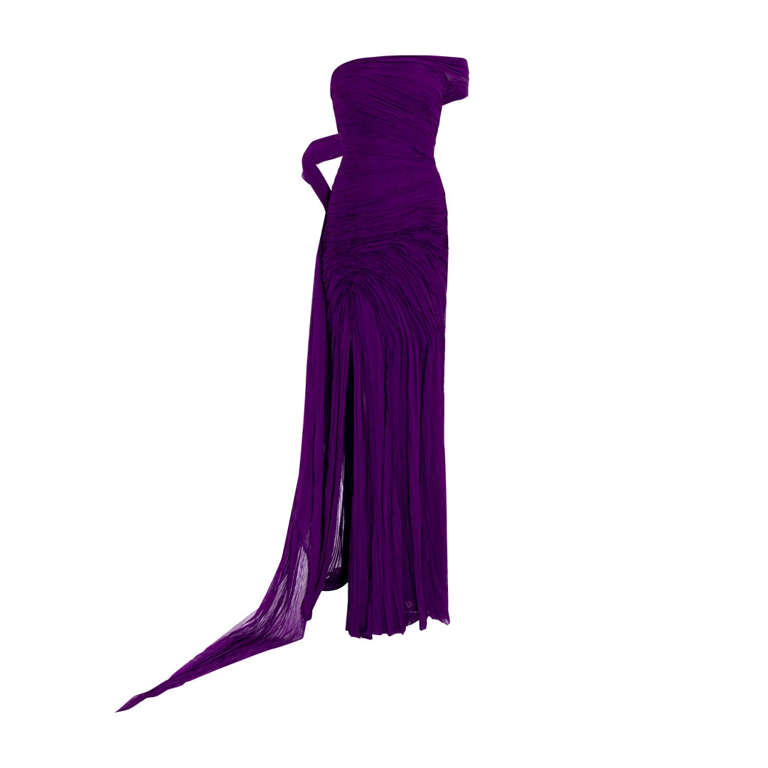 Marmar Halim Hand Pleated Draped Chiffon Gown With Cape And Slit Gowns Marmar Halim Hand Pleated Draped Chiffon Gown With Cape And Slit Gowns
