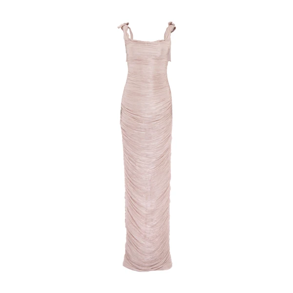 Marmar Halim Hand Pleated Draped Satin-Like Gown With Bow Straps Gowns