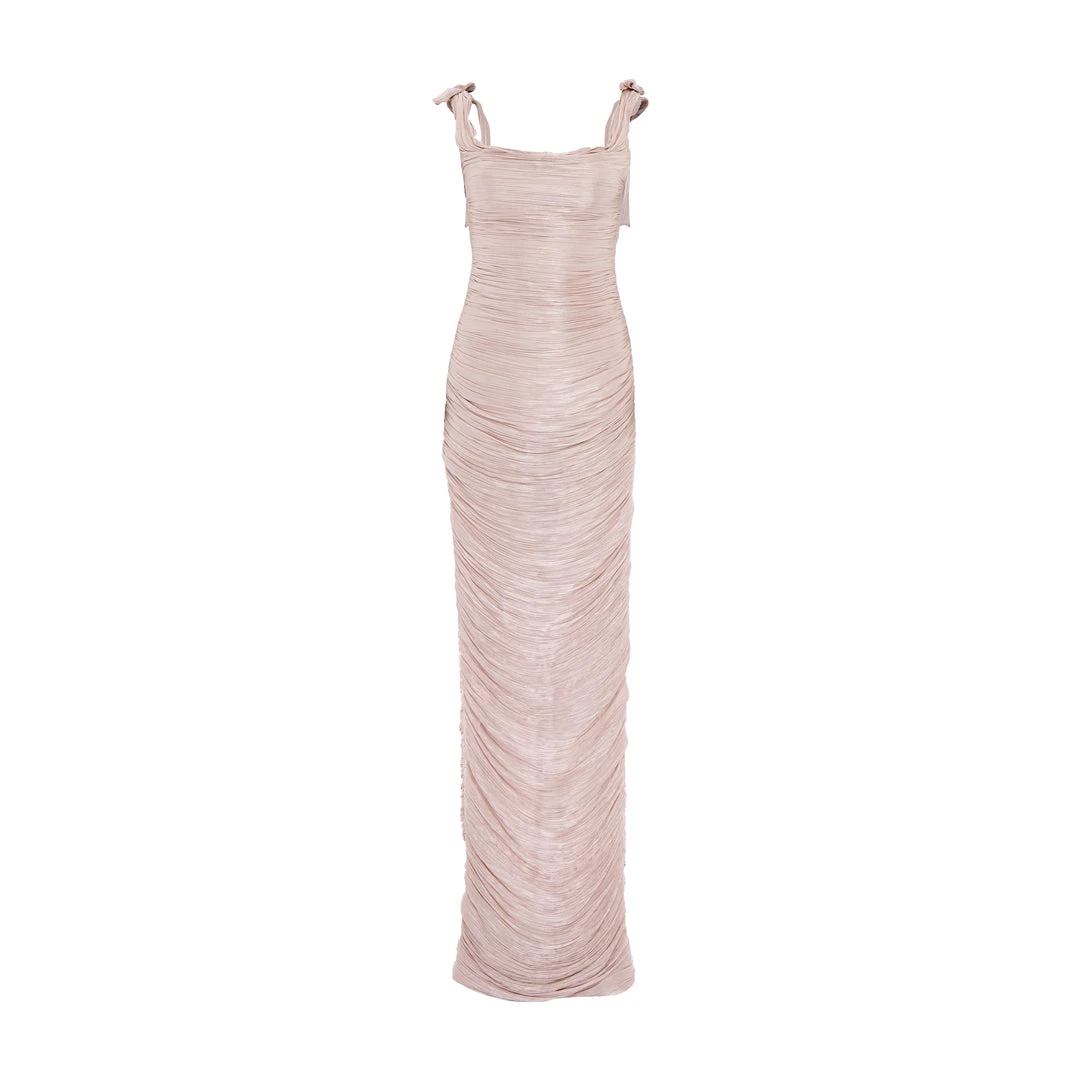 Marmar Halim Hand Pleated Draped Satin-Like Gown With Bow Straps Gowns Marmar Halim Hand Pleated Draped Satin-Like Gown With Bow Straps Gowns