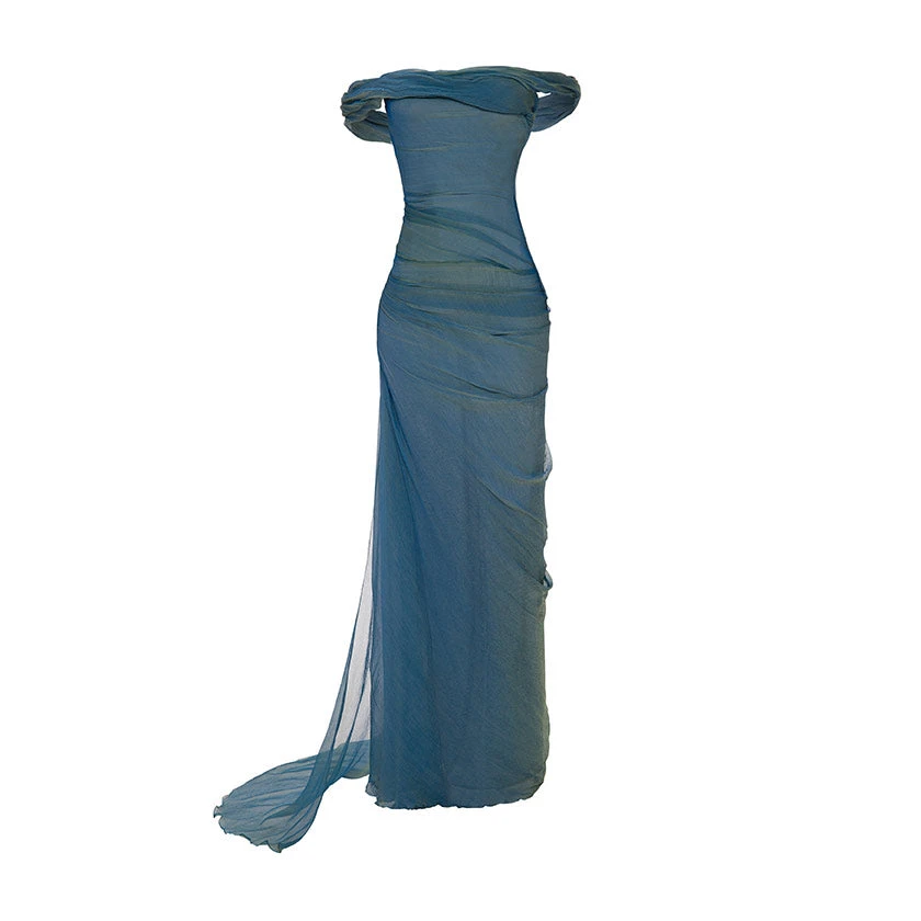 Marmar Halim Off-Shoulder Draped Silky Chiffon Gown With Side Tail Gowns Marmar Halim Off-Shoulder Draped Silky Chiffon Gown With Side Tail Gowns