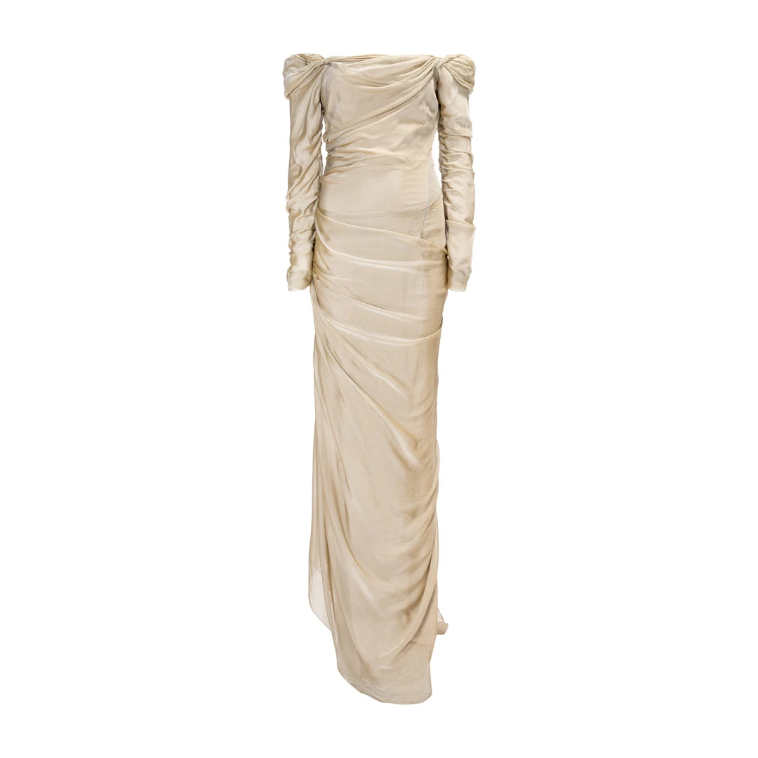 Marmar Halim Off Shoulder Long Sleeve Draped Two-Tone Chiffon Gown Gowns Marmar Halim Off Shoulder Long Sleeve Draped Two-Tone Chiffon Gown Gowns