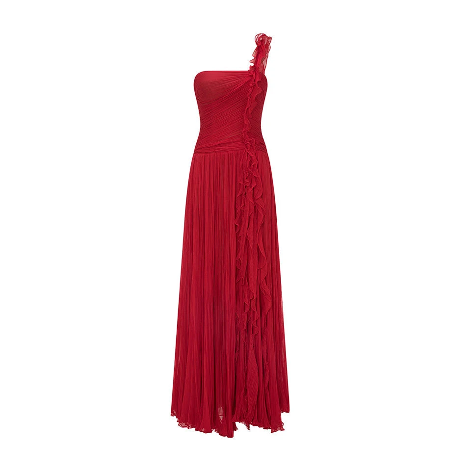 Marmar Halim One Shoulder Chiffon Georgete Pleated A-Line Cut Dress Dresses Marmar Halim One Shoulder Chiffon Georgete Pleated A-Line Cut Dress Dresses