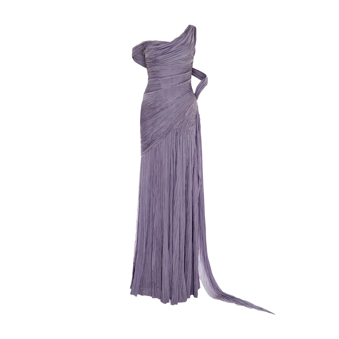 Marmar Halim One Shoulder Hand Pleated Draped Chiffon With Slit And Cape Dresses Marmar Halim One Shoulder Hand Pleated Draped Chiffon With Slit And Cape Dresses