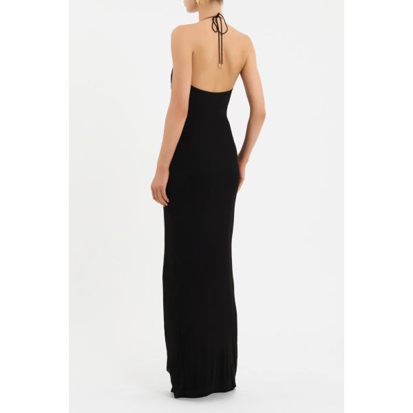 cinched waist and low scoop back sculpt a feminine silhouette