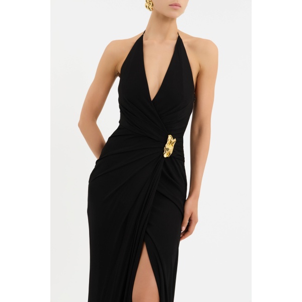 secured with a rouleau neck tie. Gold trim details add a touch of opulence