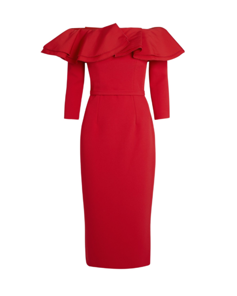 Dorian Midi Dress in Lacquer Red on Crimson