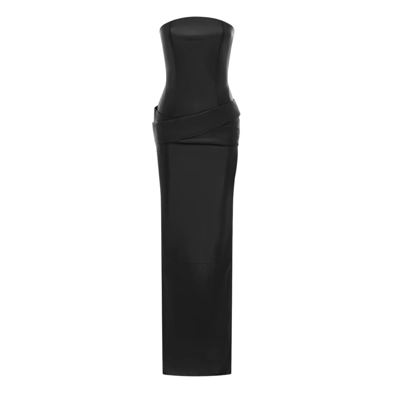 Alex Perry strapless drape column gown in leather, sculptural red-carpet eveningwear