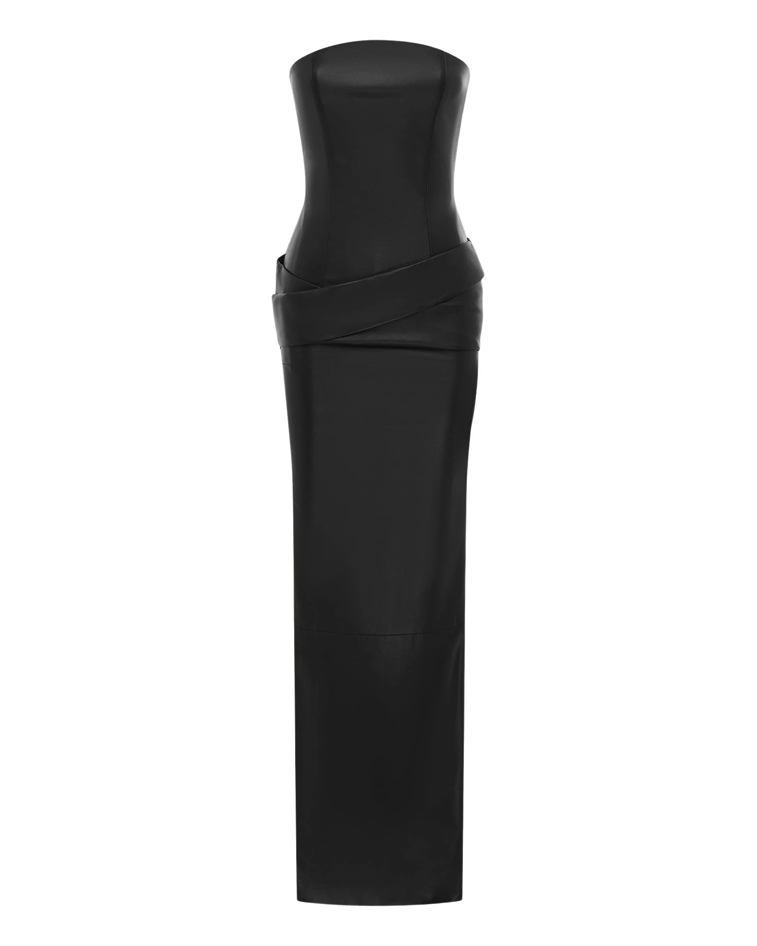 Alex Perry strapless drape column gown in leather, sculptural red-carpet eveningwear