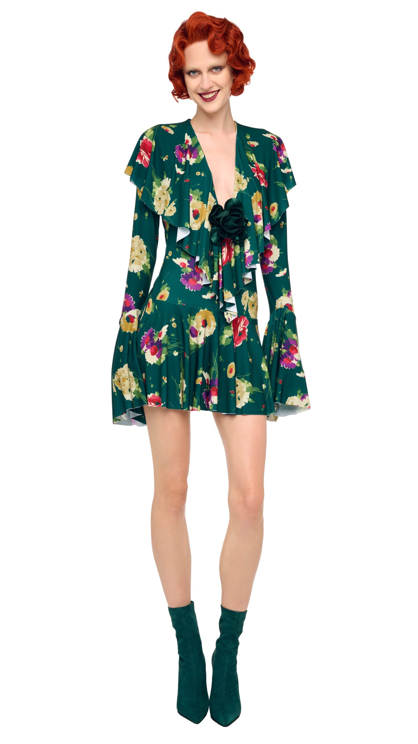 Norma Kamali Long Sleeve Deep V Ruffle Mini Dress | Ready to Wear Collection Luxury Shoes Elevate your elegance in this Norma Kamali from the resort wear edit
