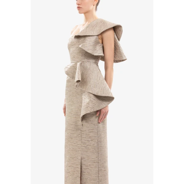 Saiid Kobeisy Ruffled Light Gold Brocade Dress
