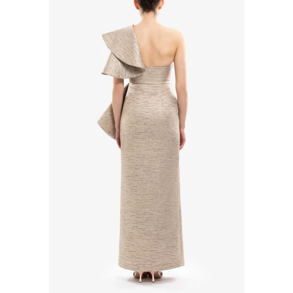 Saiid Kobeisy Ruffled Light Gold Brocade Dress