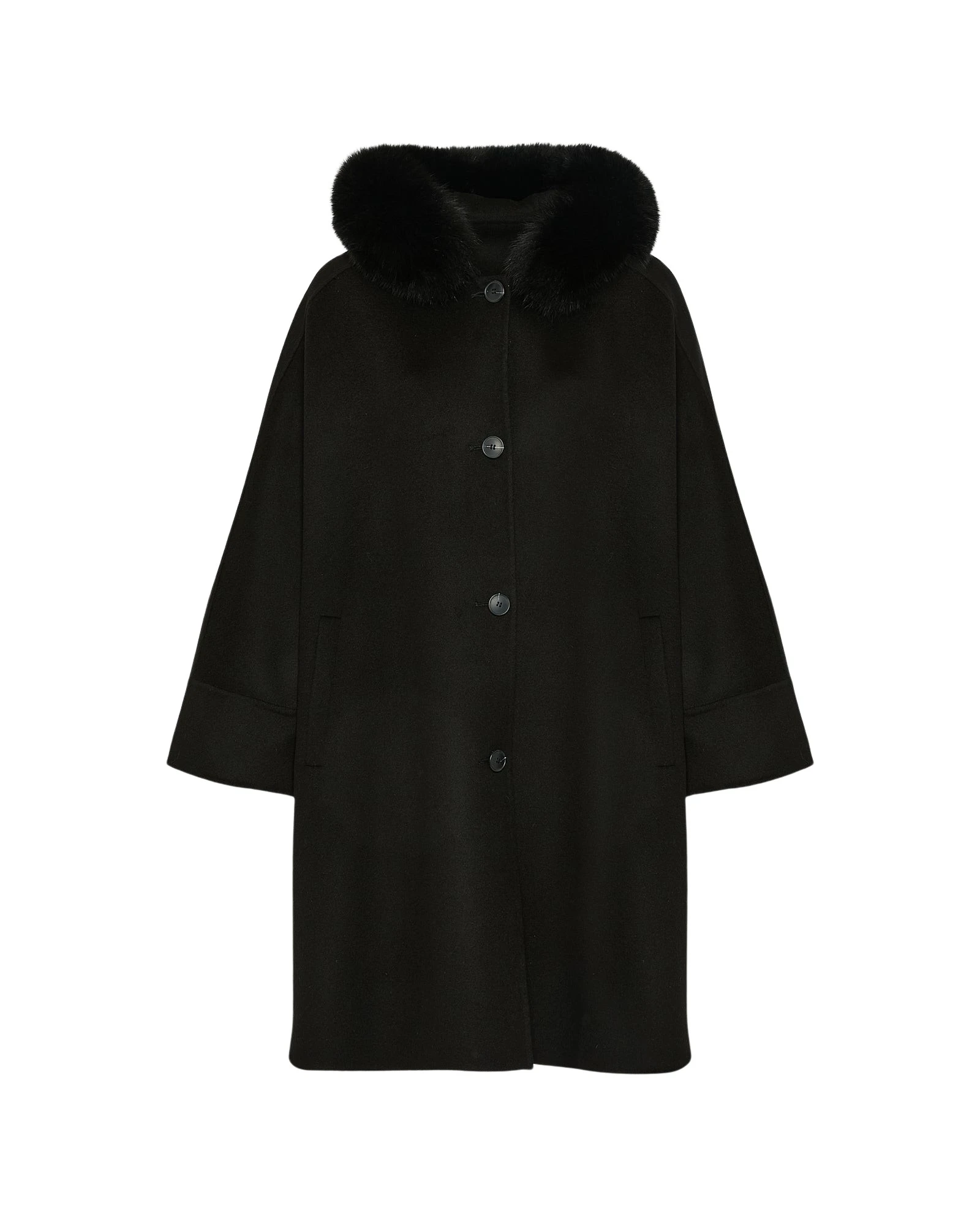 Yves-Salomon-Cashmere-blend-hooded-cape-with-fox-trim36878_nobg Woman wearing Yves Salomon shearling fur coat – luxury outerwear at Luxury Shoes