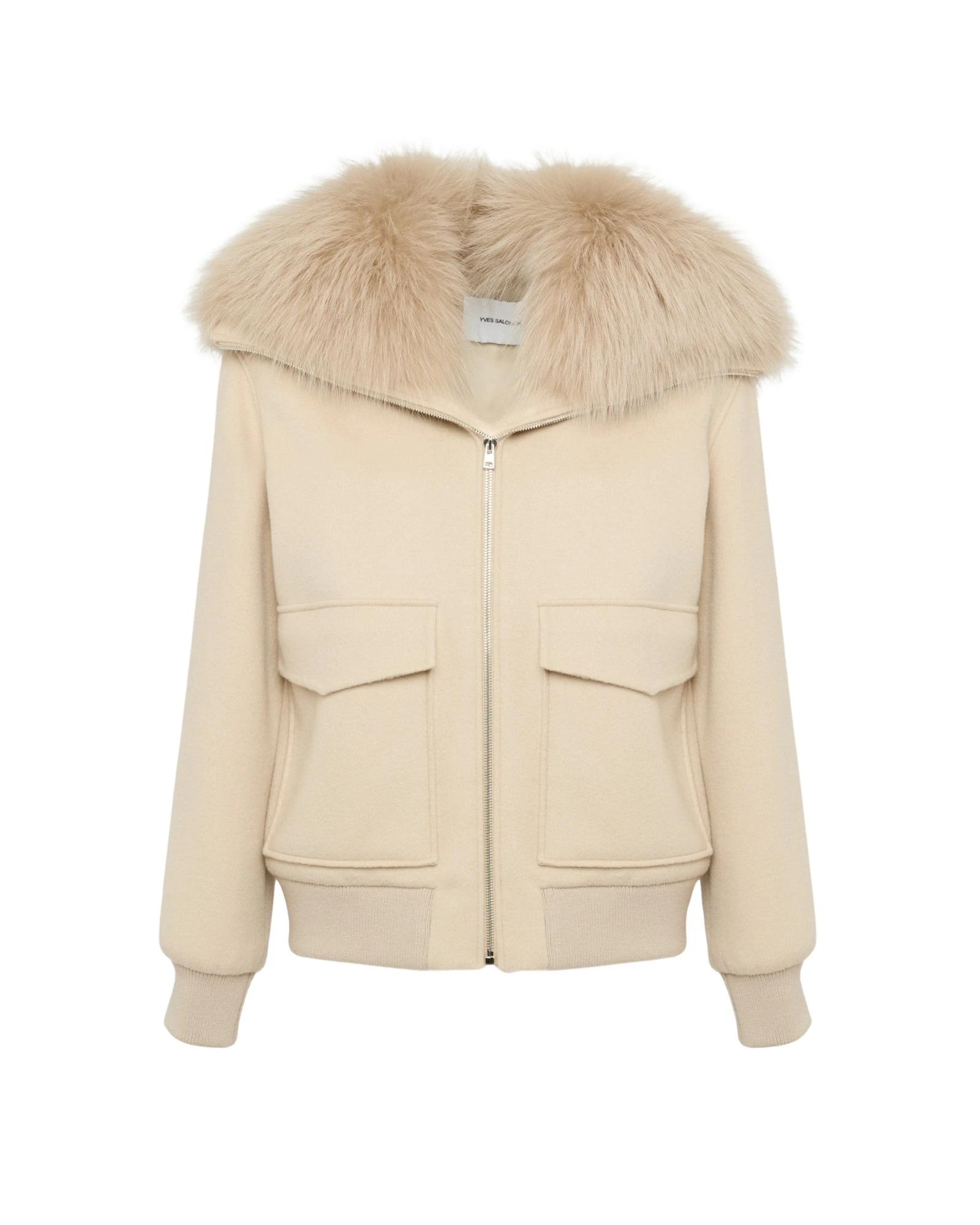 Yves-Salomon-Cropped-jacket-in-cashmere-wool-with-fox-fur-collar34873_nobg Woman wearing Yves Salomon shearling fur coat – luxury outerwear at Luxury Shoes