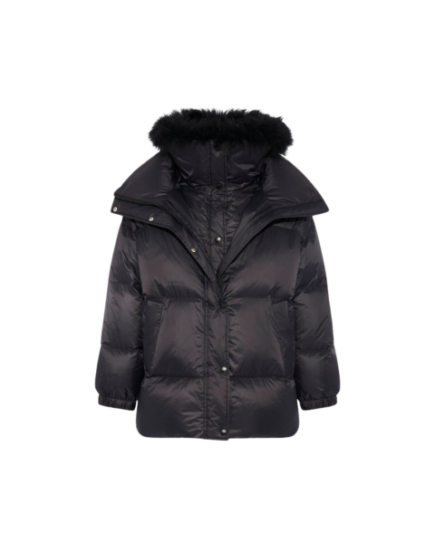 Woman wearing Yves Salomon shearling fur coat – luxury outerwear at Luxury Shoes 